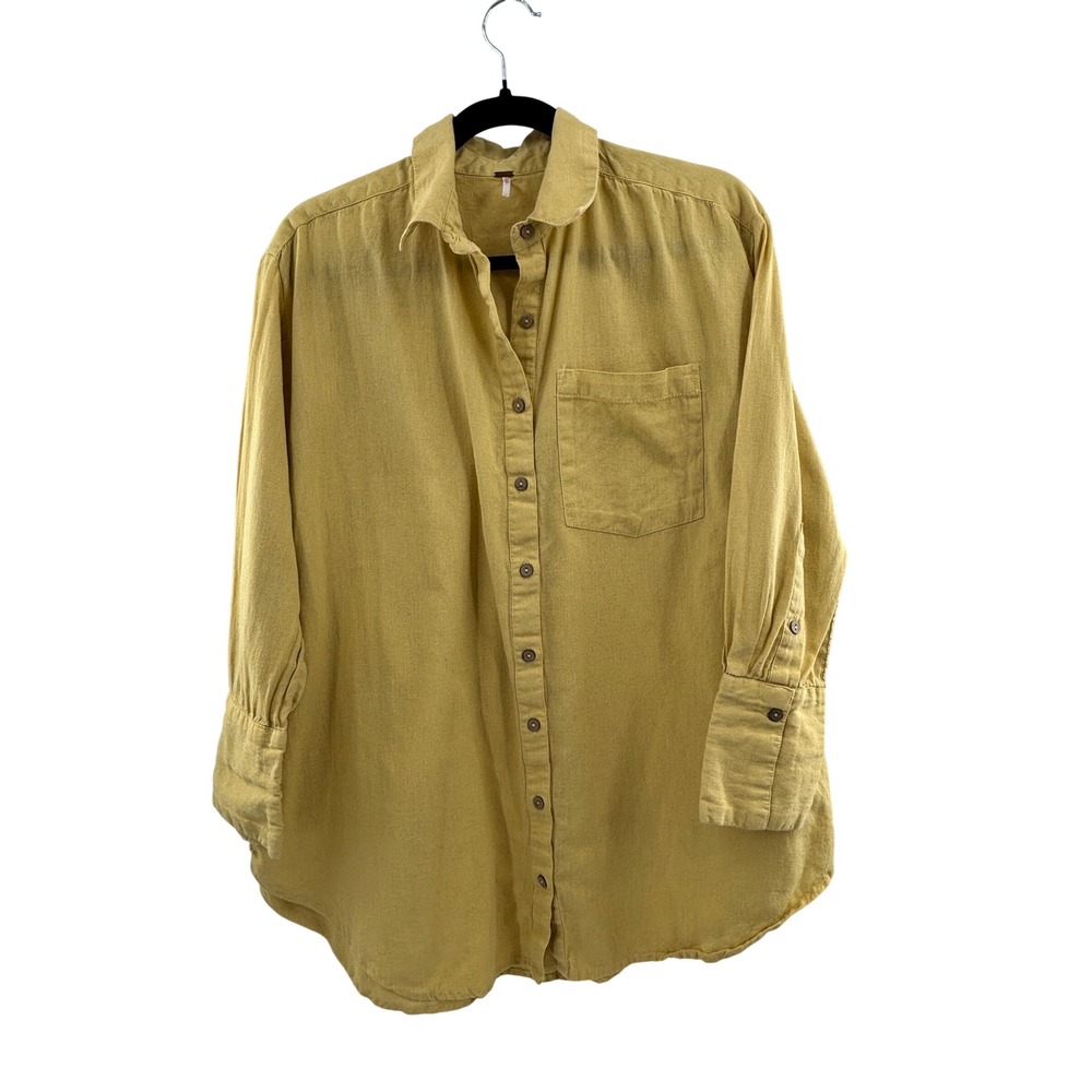 Free People Mustard Yellow Cotton Linen Oversized Button Down Shirt XS